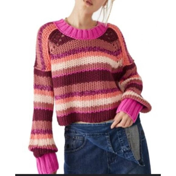Free People Devon Sweater Fuchsia Rose Combo striped Size S slouchy Colorful - Picture 1 of 11